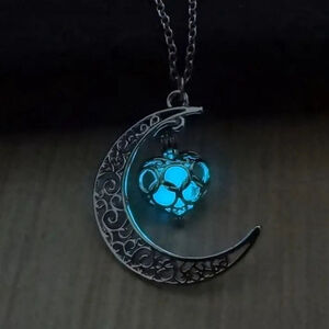 Moonstone Decor Hollow Moon Pendant Necklace Luminous Pendant glows blue green